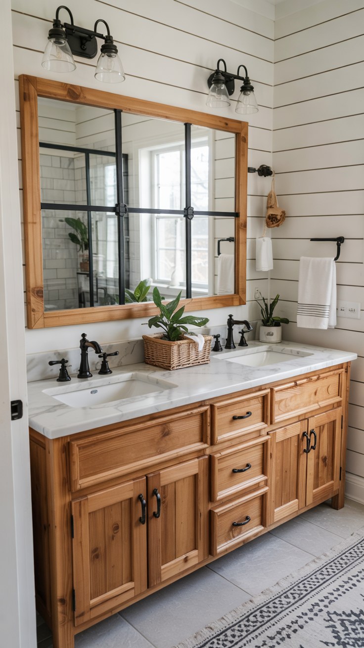 Modern Farmhouse Bathroom Ideas with Wood Vanity and Black Fixtures