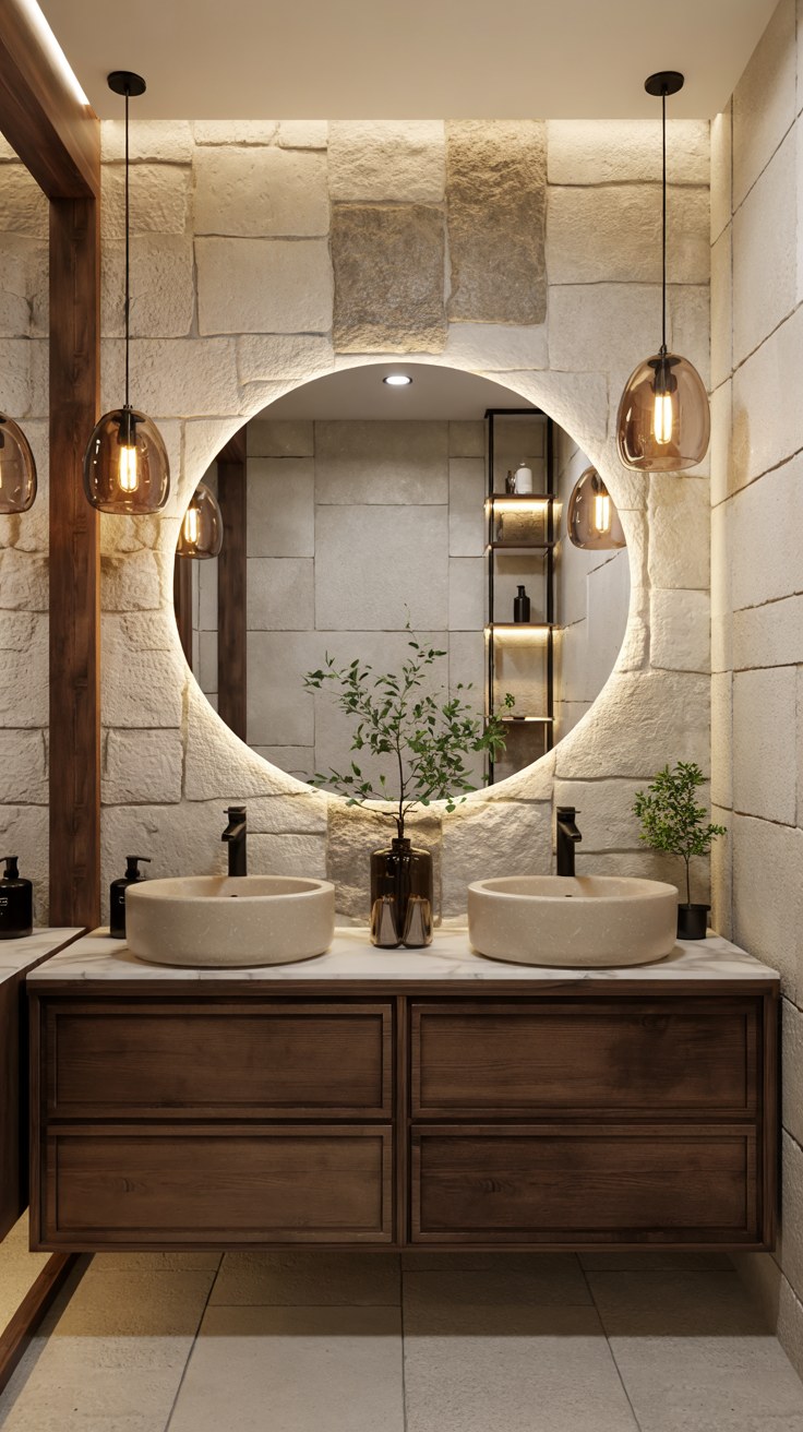 Luxury Spa Bathroom Design Ideas with Double Vessel Sinks and Pendant Lighting